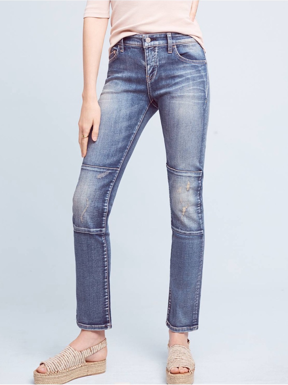 Pilcro Anthropologie Parallel Mid Rise Straight Leg Jeans Patched Knee Blue 27